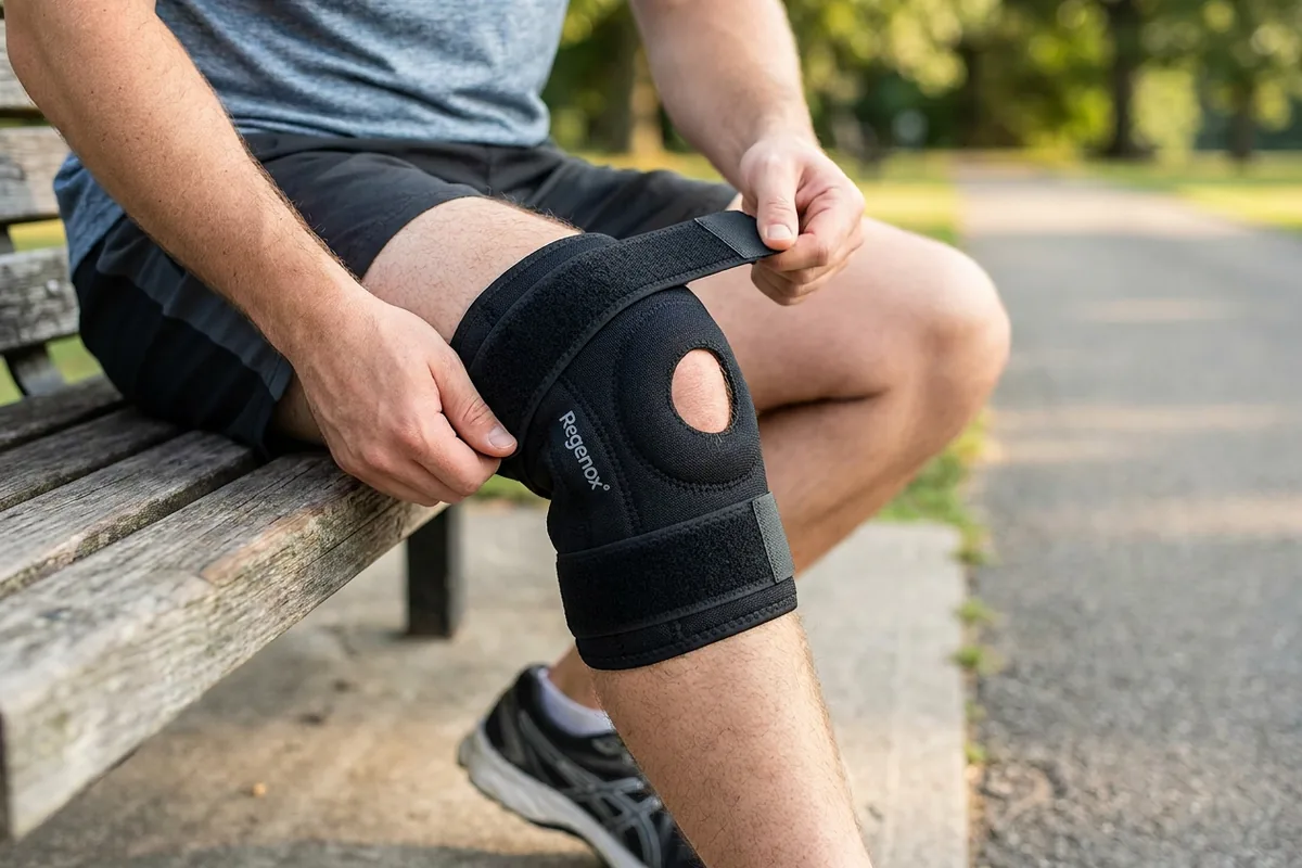 Person wearing the Regenox adjustable knee support during activity