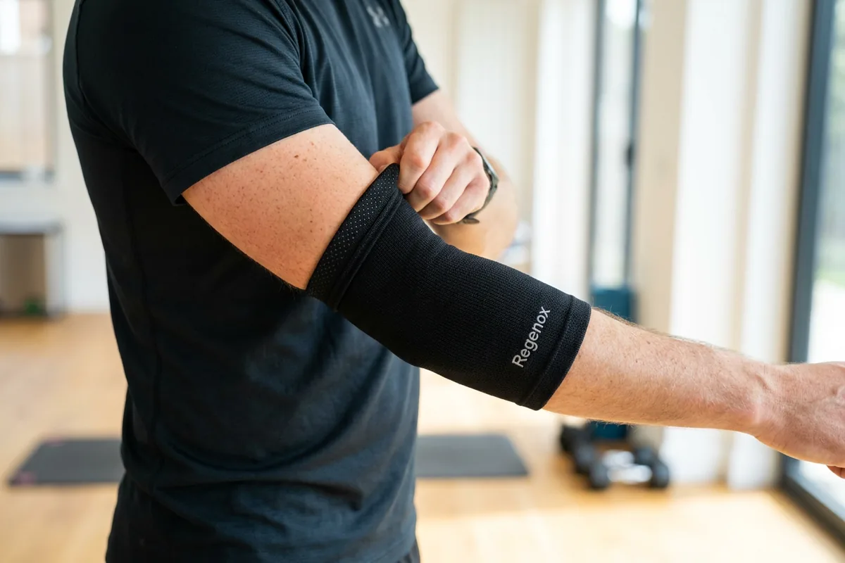 Person wearing the Regenox elbow sleeve during activity