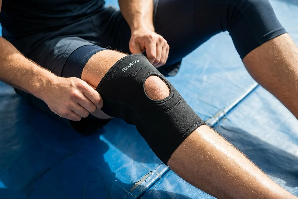 Person wearing the Regenox open-patella sleeve during activity
