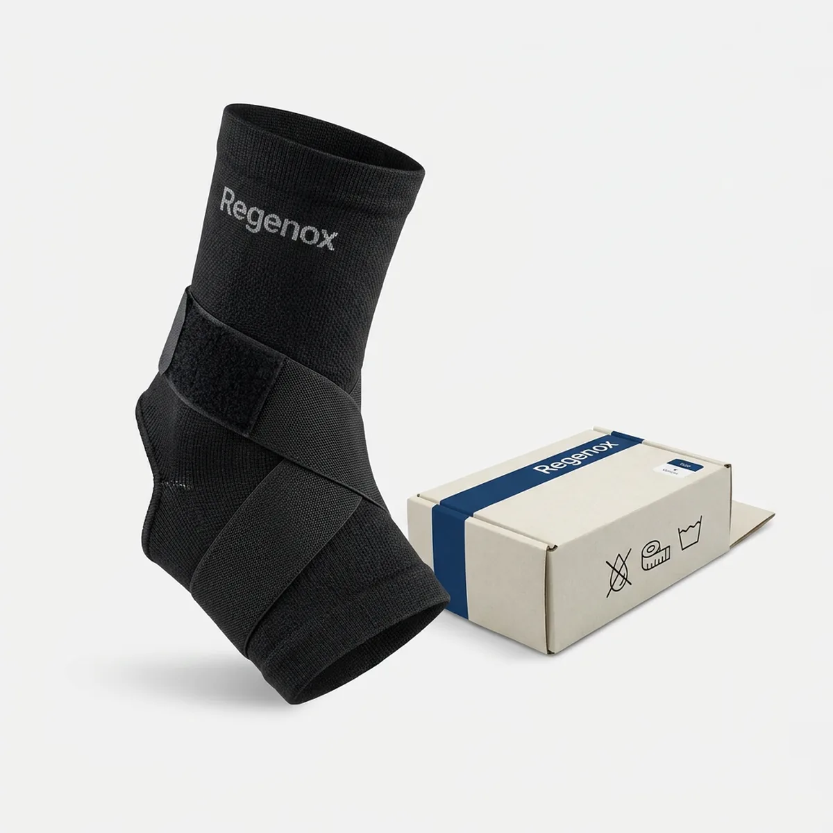 Single black Regenox ankle support standing upright, showing the knit sleeve and the figure-of-eight strap