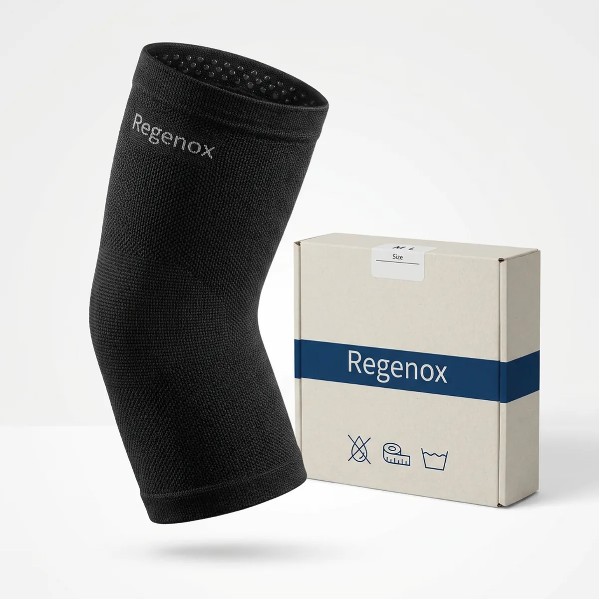 Single black Regenox knitted elbow sleeve standing upright showing the 3D knit