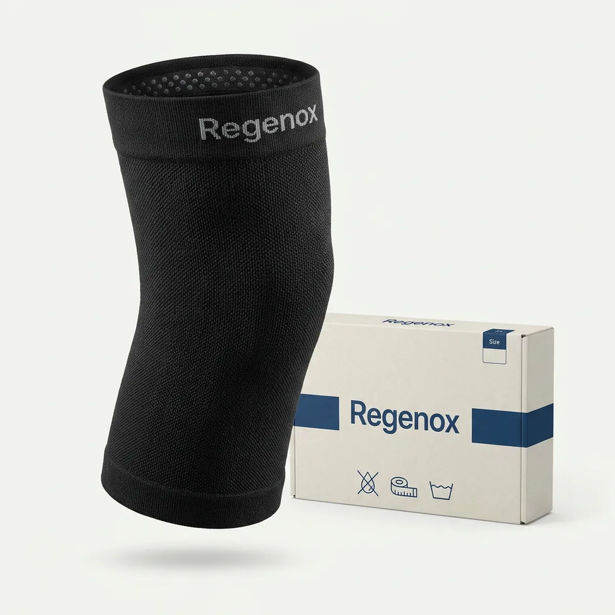 Single black Regenox knitted knee sleeve standing upright, showing the 3D knit texture and the grey silicone band inside the top edge