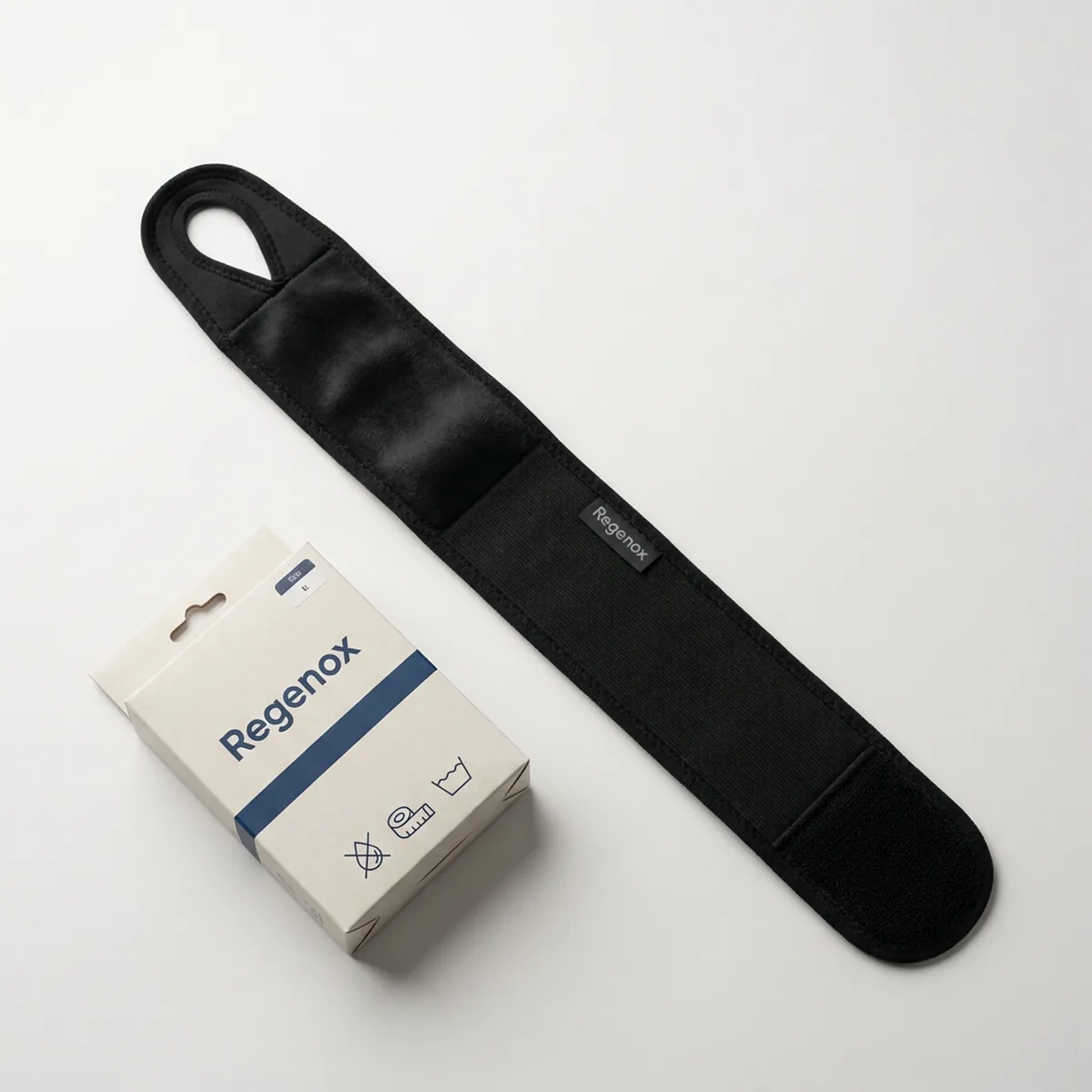 Black Regenox wrist support strap laid flat, showing the thumb loop and hook-and-loop closure