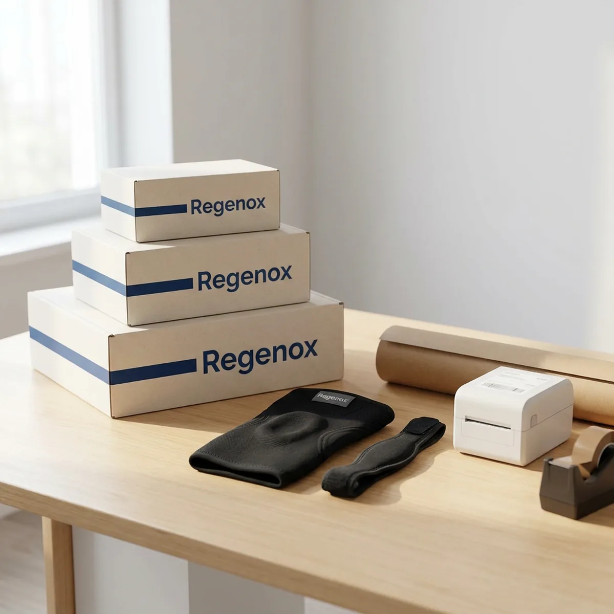 Packing table with kraft-white Regenox boxes, a knee sleeve, a patella strap, brown paper and a label printer