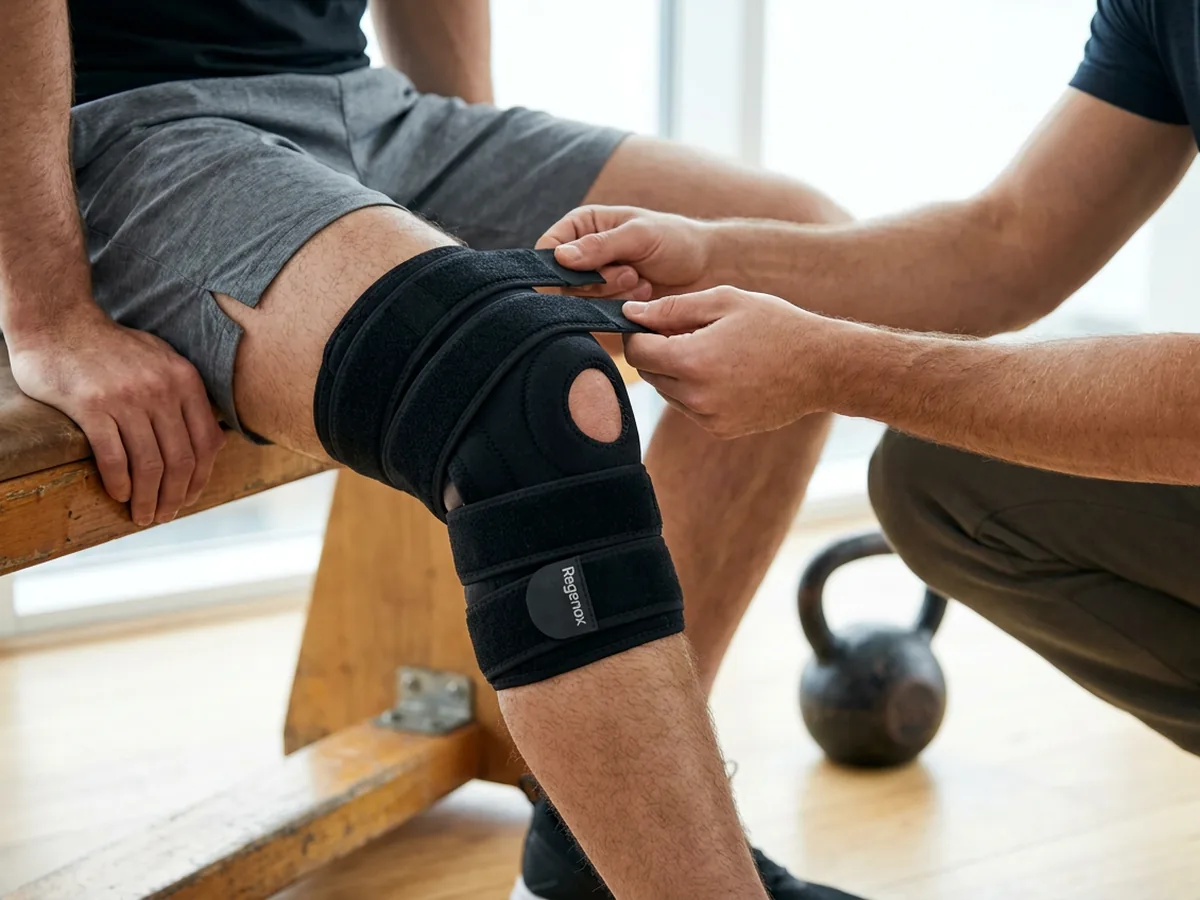 A training partner in everyday sportswear fastening the straps of a black Regenox adjustable knee support on another person's knee on a gym bench