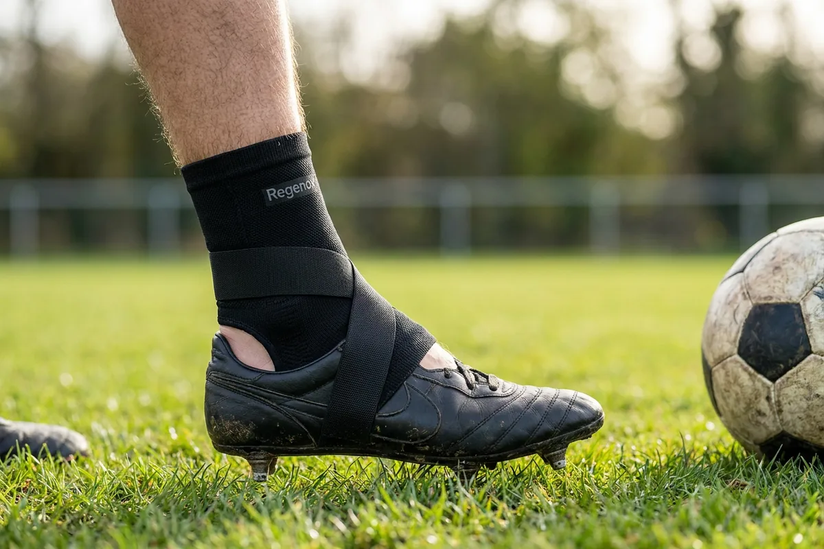 Foot in a football boot on grass wearing a black Regenox ankle support