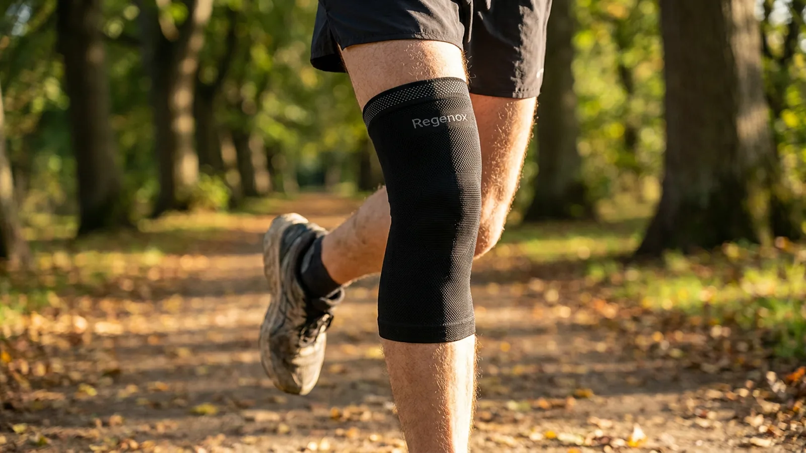 Runner on a park path wearing a black Regenox knitted knee sleeve, framed from waist to shin