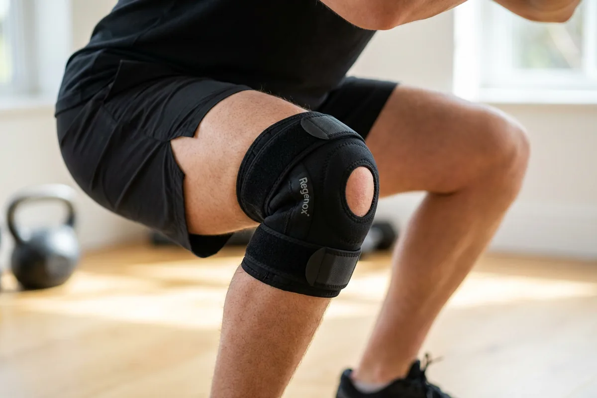 Person in a gym doing a squat wearing a black Regenox adjustable knee support with straps